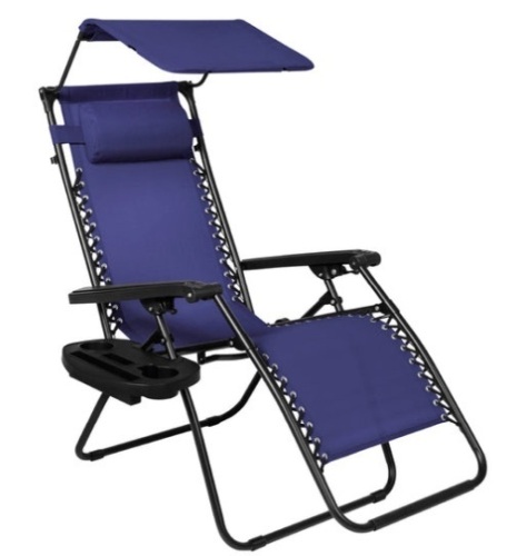 Folding Zero Gravity Recliner Patio Lounge Chair w/ Canopy, Side Tray, Navy Blue - Lot 204