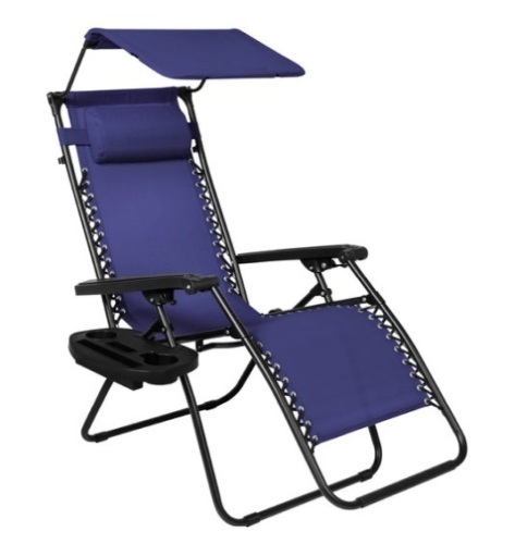 Folding Zero Gravity Recliner Patio Lounge Chair w/ Canopy, Side Tray, Navy Blue - Lot 207