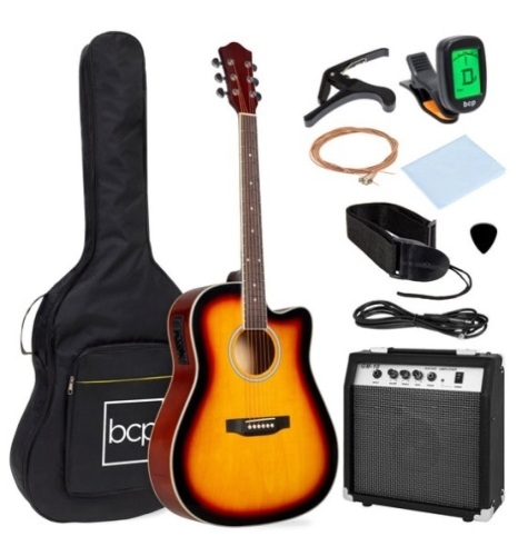 Beginner Acoustic Electric Cutaway Guitar Set w/ Case, Strap - 41in, Sunburst - Lot 209