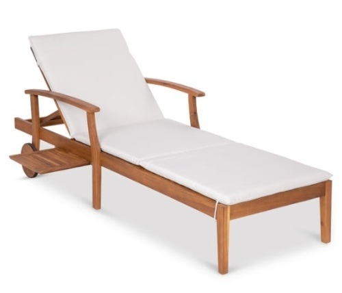 Adjustable Acacia Wood Chaise Lounge Chair w/ Side Table, Wheels - 79x26in, Cream - Lot 212
