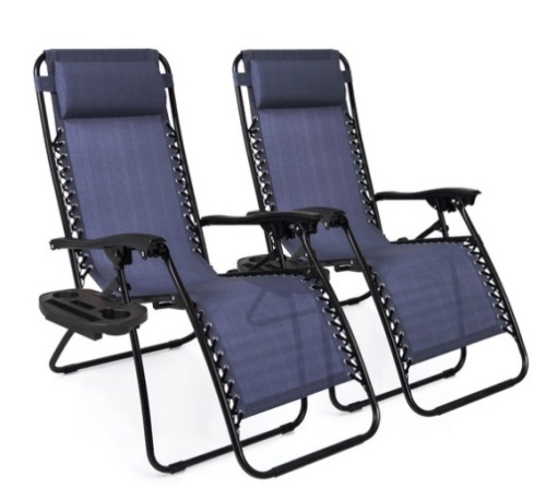 Set of 2 Adjustable Zero Gravity Patio Chair Recliners w/ Cup Holders, Blue - Lot 213