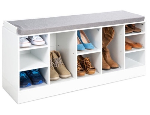 Shoe Storage Rack Bench w/ Padded Seat, 10 Cubbies - 46in, White - Lot 218