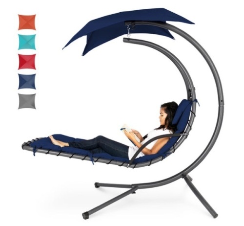 Hanging Curved Chaise Lounge Chair w/ Built-In Pillow, Removable Canopy, Navy Blue - Lot 219