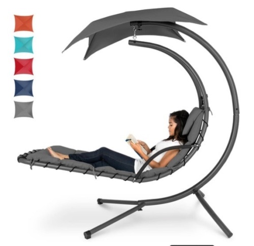 Hanging Curved Chaise Lounge Chair w/ Built-In Pillow, Removable Canopy, Charcoal Gray - Lot 223