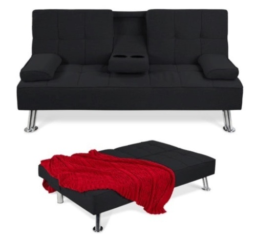 Linen Upholstered Convertible Sofa Bed Futon w/ 2 Cupholders, Black - Lot 226