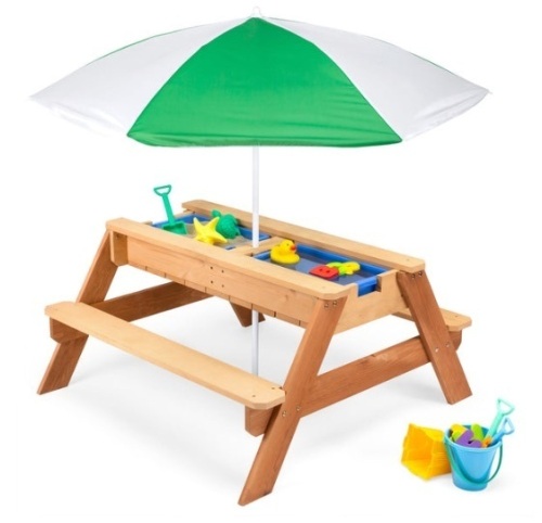3-in-1 Kids Sand & Water Table Outdoor Wood Picnic Table w/ Umbrella, Green - Lot 232