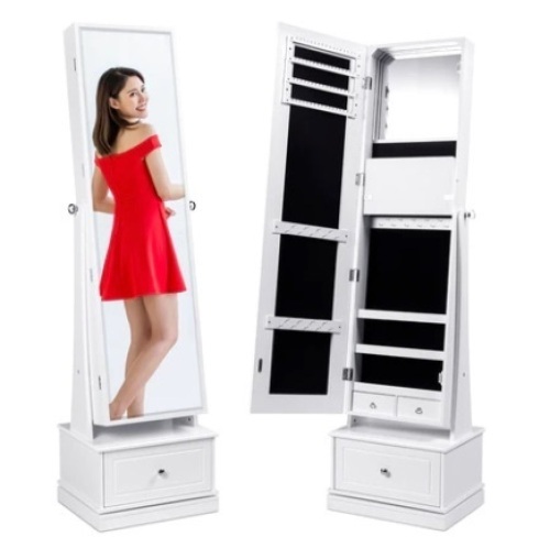 360 Swivel Mirrored Jewelry Cabinet Armoire w/ LED Lights, Mirror, White - Lot 30