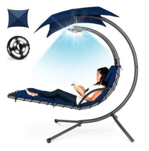 Hanging LED-Lit Curved Chaise Lounge Chair w/ Pillow, Canopy, Stand, Navy, Appears New - Lot 49