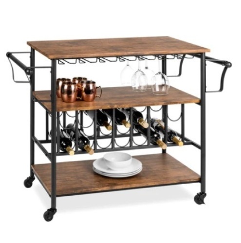 45in Industrial Wood Shelf Bar & Wine Cart w/ Bottle & Glass Racks, Appears New - Lot 55