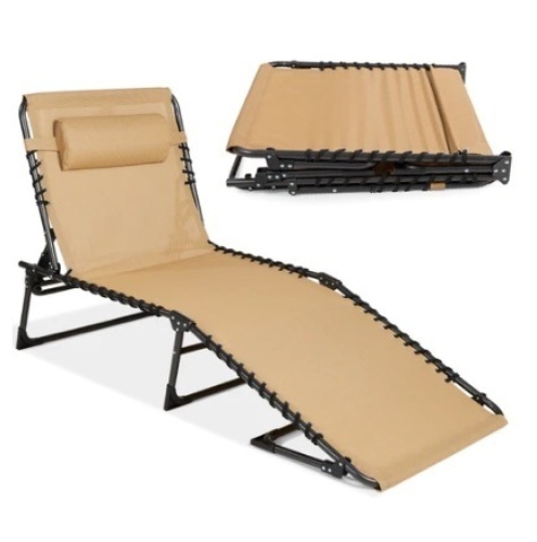 Portable Patio Chaise Lounge Chair Outdoor Recliner w/ Pillow, Tan - Lot 62