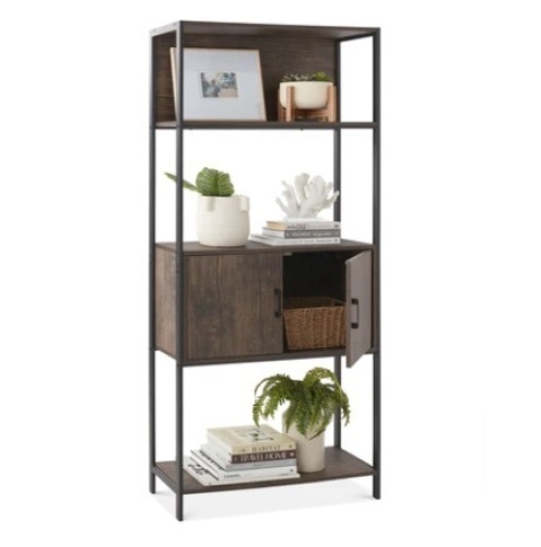 Storage Bookshelf for Living Room, Walkway w/ Cabinet, Elevated Design, Dark Walnut, Appears New - Lot 64