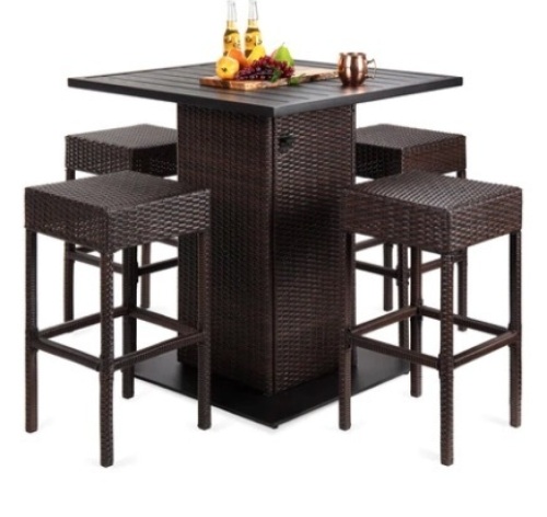 5-Piece Wicker Bar Set w/ 4 Stools, Built-In Bottle Opener, Hidden Storage, Brown, Appears New - Lot 75