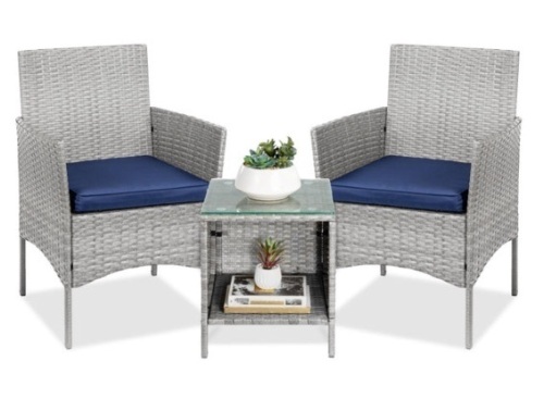 3-Piece Outdoor Patio Wicker Bistro Set w/ Side Storage Table, Gray/Navy - Lot 241
