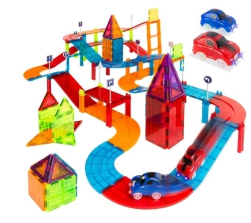 Best Choice Products 105-Piece Kids Magnetic Building Tiles Set, Racetrack Construction Education STEM Toy w/ 2 Cars - Lot 242