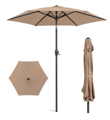 Outdoor Market Patio Umbrella w/ Push Button Tilt, Crank Lift - 7.5ft, Tan - Lot 251