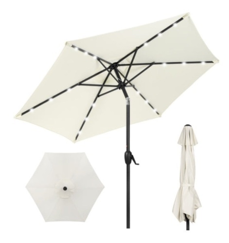 Outdoor Solar Patio Umbrella w/ Push Button Tilt, Crank Lift - 7.5ft, Cream - Lot 253