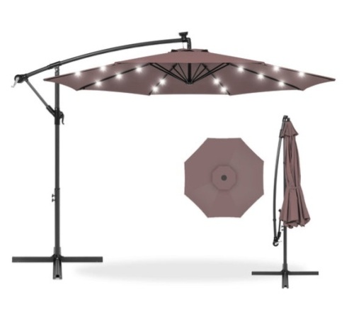 Solar LED Offset Hanging Patio Umbrella w/ Crank Tilt Adjustment - 10ft, Deep Taupe - Lot 257