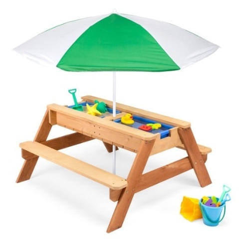 3-in-1 Kids Sand & Water Table Outdoor Wood Picnic Table w/ Umbrella, Green - Lot 258