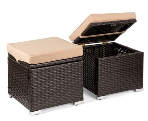 Set of 2 Wicker Ottomans, Multipurpose w/ Removable Cushions, Steel Frame, Brown/Beige - Lot 267