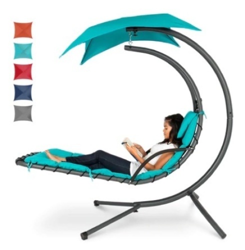 Hanging Curved Chaise Lounge Chair w/ Built-In Pillow, Removable Canopy, Blue - Lot 354
