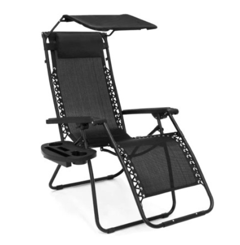 Folding Zero Gravity Recliner Patio Lounge Chair w/ Canopy, Side Tray, Black - Lot 359