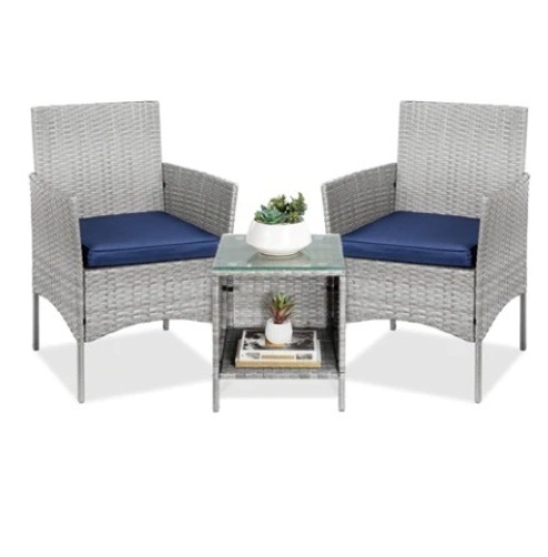 3-Piece Outdoor Patio Wicker Bistro Set w/ Side Storage Table, Gray/Navy - Lot 366