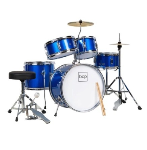 Kids Beginner All Wood Acoustic Drum Kit Starter Set w/ Stool, Drumsticks, Blue - Lot 369