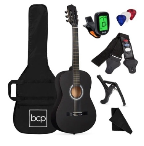 Beginner Acoustic Guitar Set w/ Case, Strap, Digital Tuner, Strings - 38in, Matte Black - Lot 377
