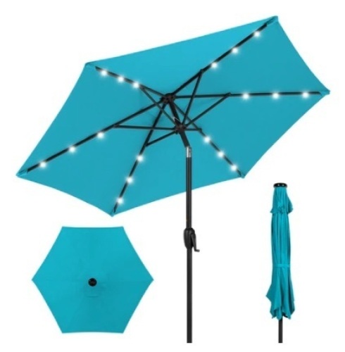 Outdoor Solar Patio Umbrella w/ Push Button Tilt, Crank Lift - 7.5ft, Sky Blue - Lot 382