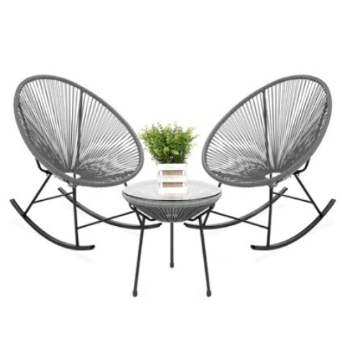 3-Piece Patio Woven Rope Acapulco Rocking Chair Bistro Set, Gray - Lot 387