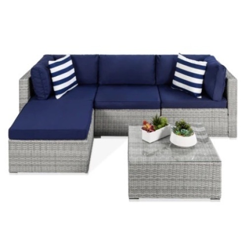 5-Piece Modular Wicker Sectional Conversation Set w/ 2 Pillows, Coffee Table, Gray/Navy - Lot 391