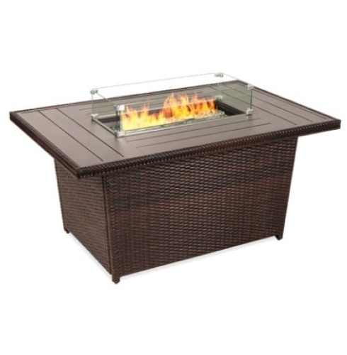 Wicker Propane Fire Pit Table, 50,000 BTU w/ Glass Wind Guard, Cover - 52in, Brown - Lot 393