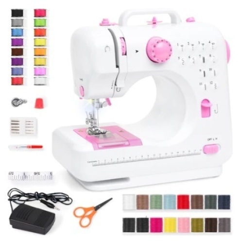 6V Portable Foot Pedal Sewing Machine w/ 12 Stitch Patterns, White/Pink - Lot 394