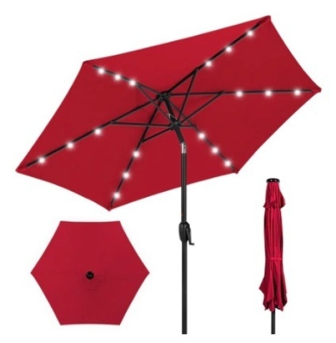 Outdoor Solar Patio Umbrella w/ Push Button Tilt, Crank Lift - 7.5ft, Red - Lot 401