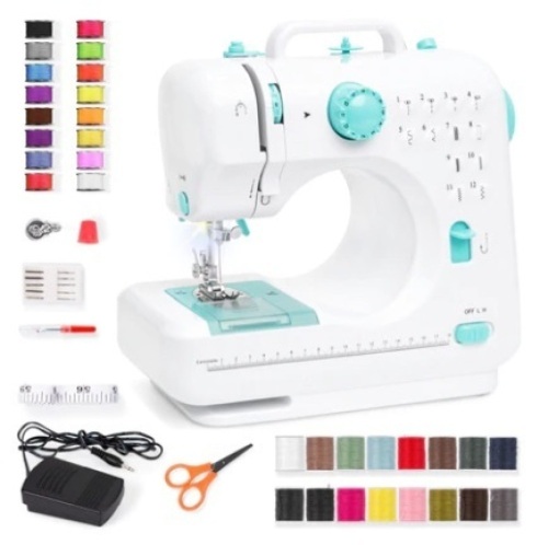 6V Portable Foot Pedal Sewing Machine w/ 12 Stitch Patterns, Teal - Lot 403