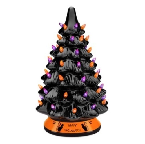 Pre-Lit 15in Ceramic Halloween Tree w/ Orange & Purple Bulb Lights, Appears New - Lot 404