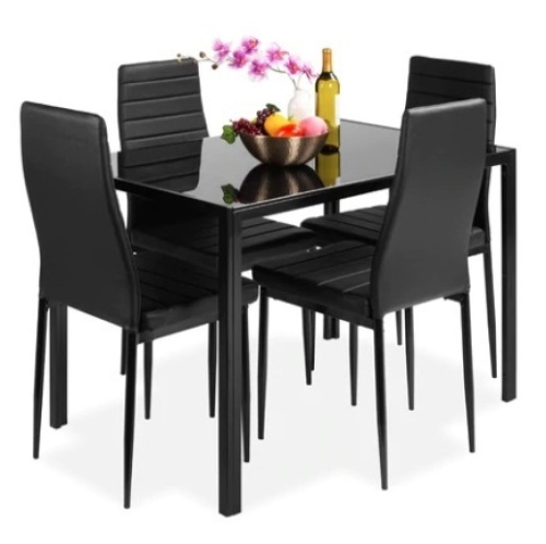 5-Piece Dining Table Set w/ Glass Top, Leather Chairs, Black - Lot 411
