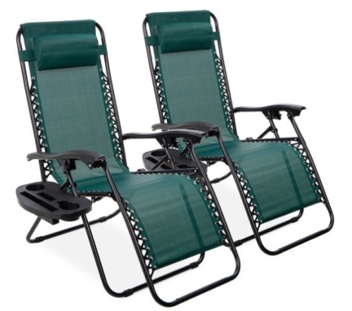 Set of 2 Adjustable Zero Gravity Patio Chair Recliners w/ Cup Holders, Forest Green - Lot 268