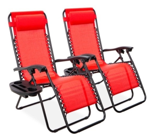 Set of 2 Adjustable Zero Gravity Patio Chair Recliners w/ Cup Holders, Crimson Red - Lot 272