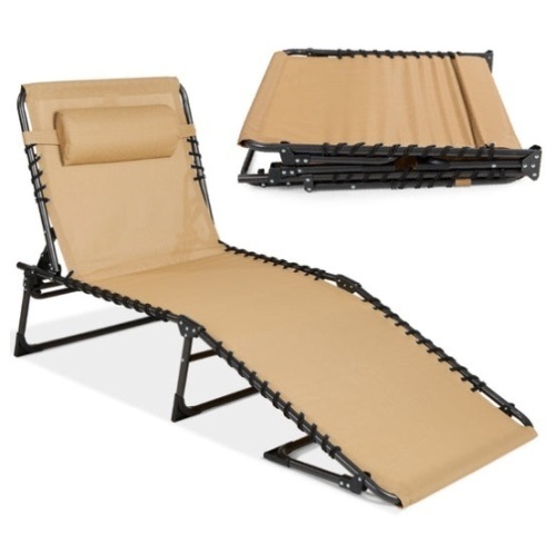 Portable Patio Chaise Lounge Chair Outdoor Recliner w/ Pillow, Tan - Lot 273