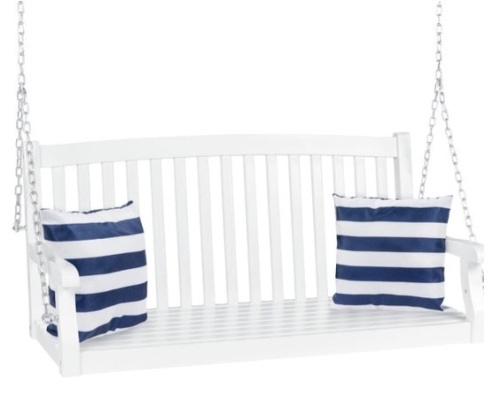 Wooden Curved Back Hanging Porch Swing Bench w/ Mounting Chains - 48in, White - Lot 281