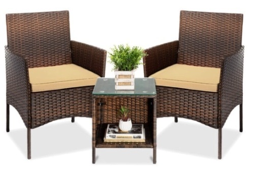3-Piece Outdoor Patio Wicker Bistro Set w/ Side Storage Table, Brown/Tan - Lot 292