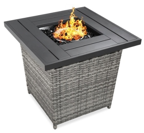 28in Fire Pit Table 50,000 BTU Wicker Propane w/ Faux Wood Tabletop, Cover, Gray - Lot 293
