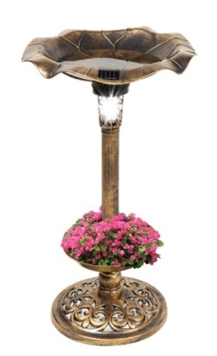 Solar Lighted Bird Bath w/ Planter, Bronze - Lot 295