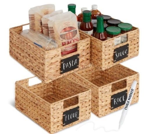 Set of 4 Water Hyacinth Pantry Baskets w/ Chalkboard, Marker - 12in - Lot 296