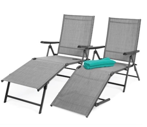 Set of 2 Outdoor Patio Chaise Recliner Lounge Chairs w/ Rust-Resistant Frame, Gray - Lot 206