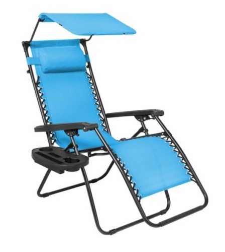 Folding Zero Gravity Recliner Patio Lounge Chair w/ Canopy, Side Tray, Light Blue - Lot 297