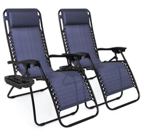 Set of 2 Adjustable Zero Gravity Patio Chair Recliners w/ Cup Holders, Blue - Lot 100