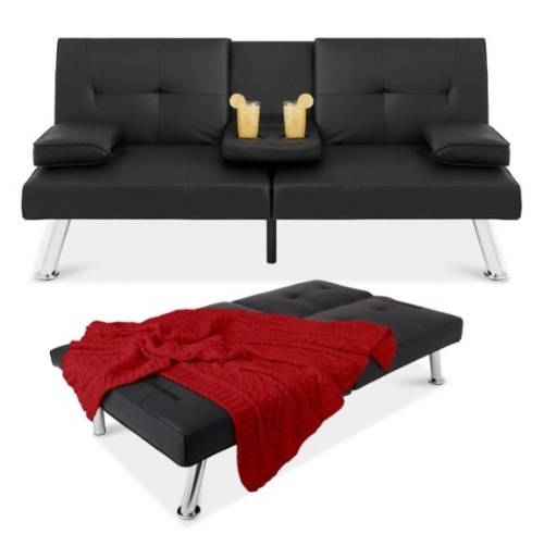 Faux Leather Upholstered Convertible Sofa Bed Futon w/ 2 Cupholders, Black - Lot 225