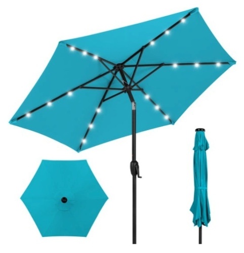 Outdoor Solar Patio Umbrella w/ Push Button Tilt, Crank Lift - 7.5ft, Sky Blue - Lot 300